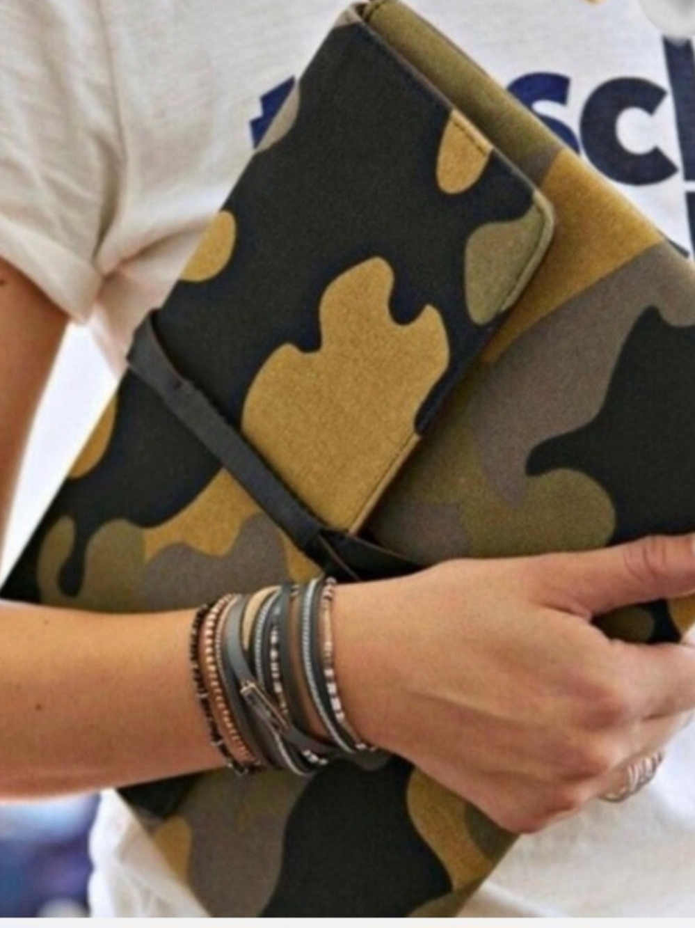 Stella & Dot Camouflage Fold-Over Clutch in Olive Green